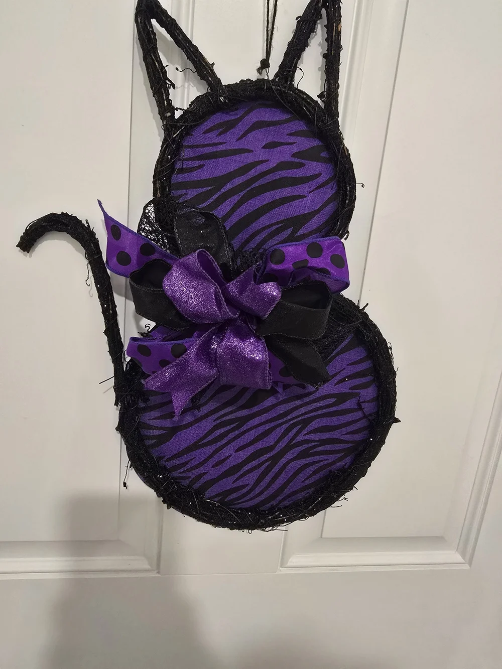 Purple Zebra Cat Door Hanger with Bow Halloween